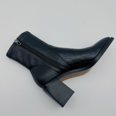 รองเท้าบูทหุ้มข้อส้นเตี้ยสตรีสีดำส้นสูงทรงสี่เหลี่ยมพร้อม TPR Outsole