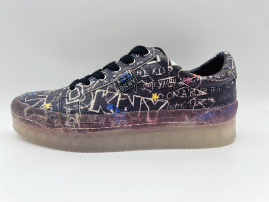 Sky Print Womens Leather Lace Up รองเท้าลำลองสีดำกันลื่น