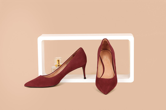 Burgundy Workplace Women รองเท้าส้นสูงรองเท้าหนังนิ่มแท้