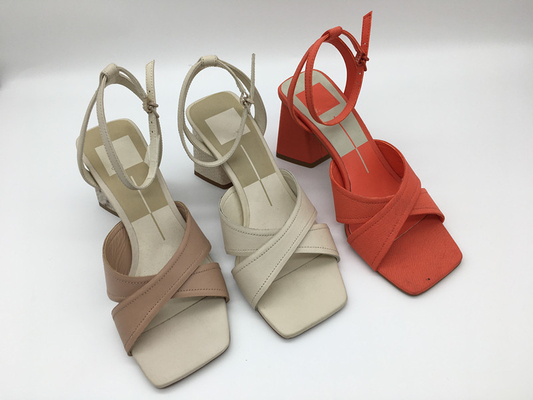 Soft Nappa PU Women's Leather Heeled Sandals สีชมพู / เบจ / ส้ม